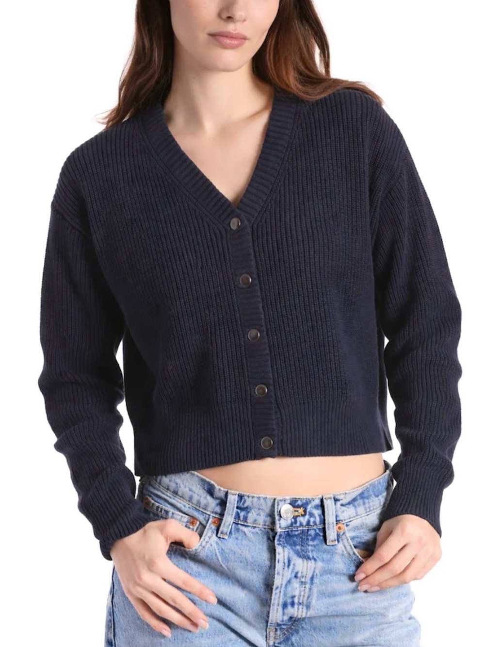 MINNIE ROSE COTTON SHAKER CROPPED CARDIGAN NAVY SZ SMALL